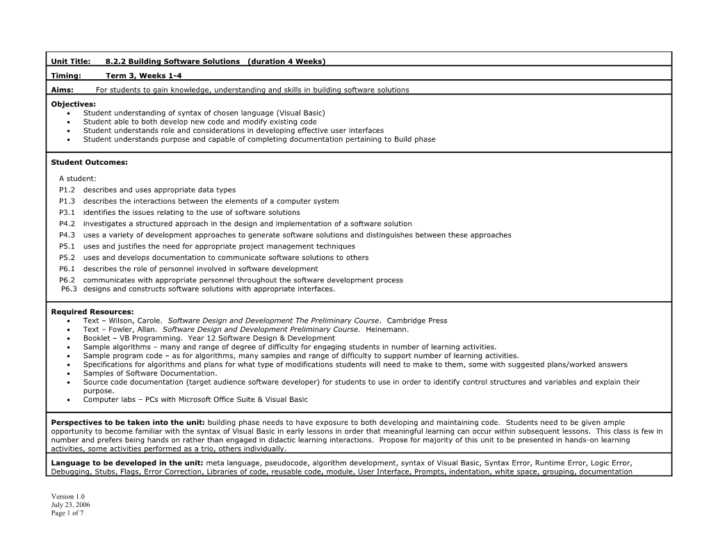 Student Understanding of Syntax of Chosen Language (Visual Basic)