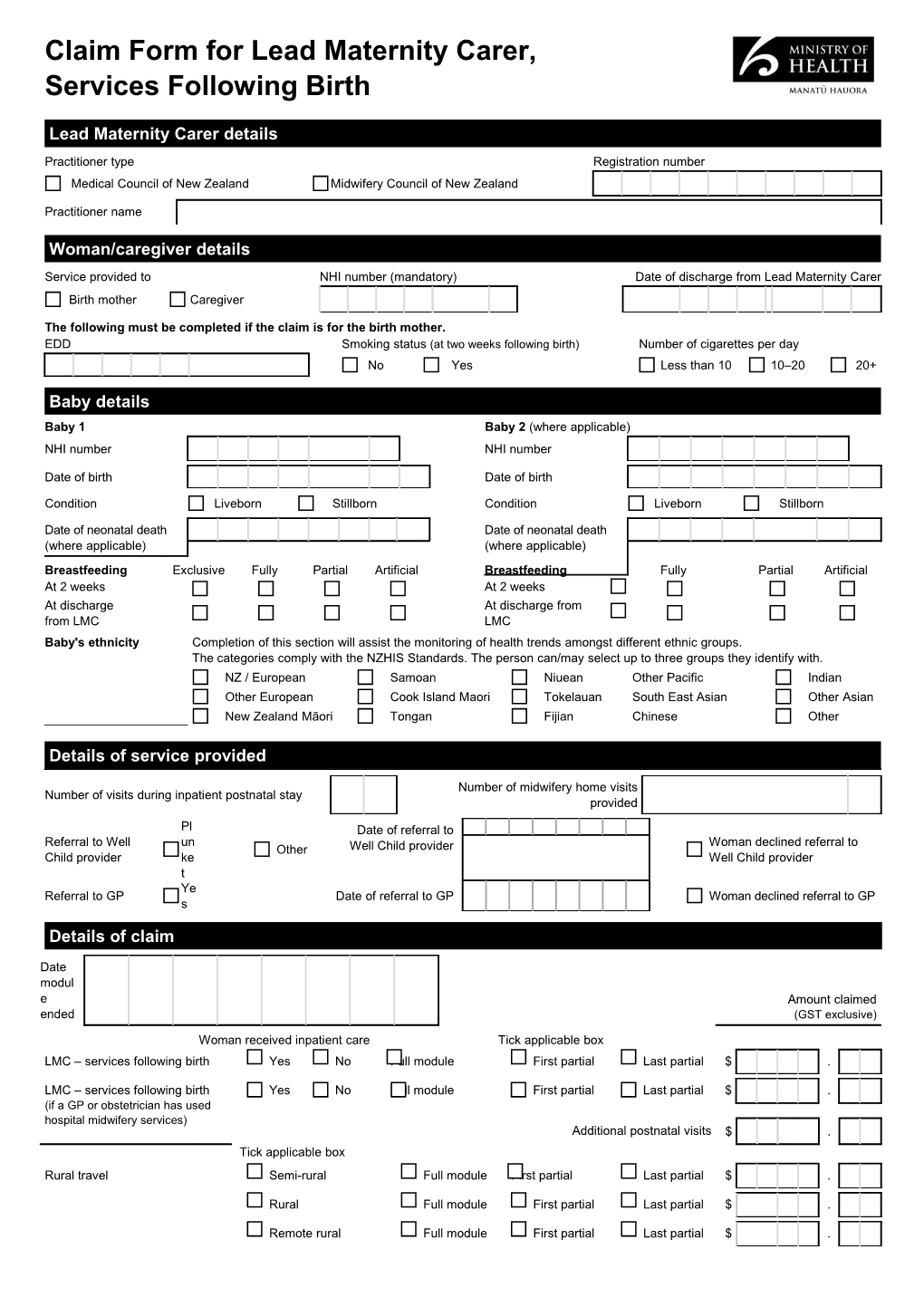 Claim Form for Lead Maternity Carer, Services Following Birth