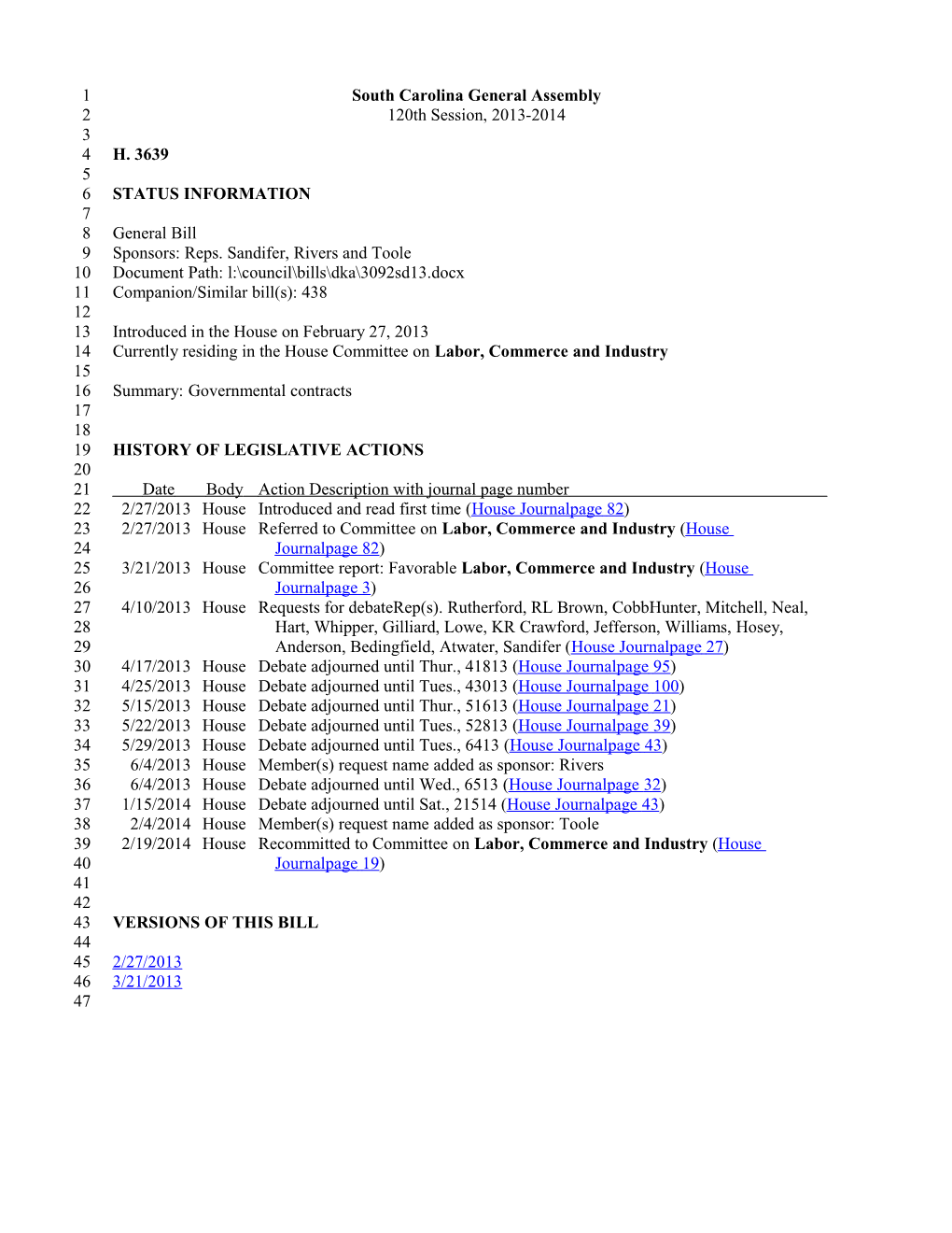 2013-2014 Bill 3639: Governmental Contracts - South Carolina Legislature Online