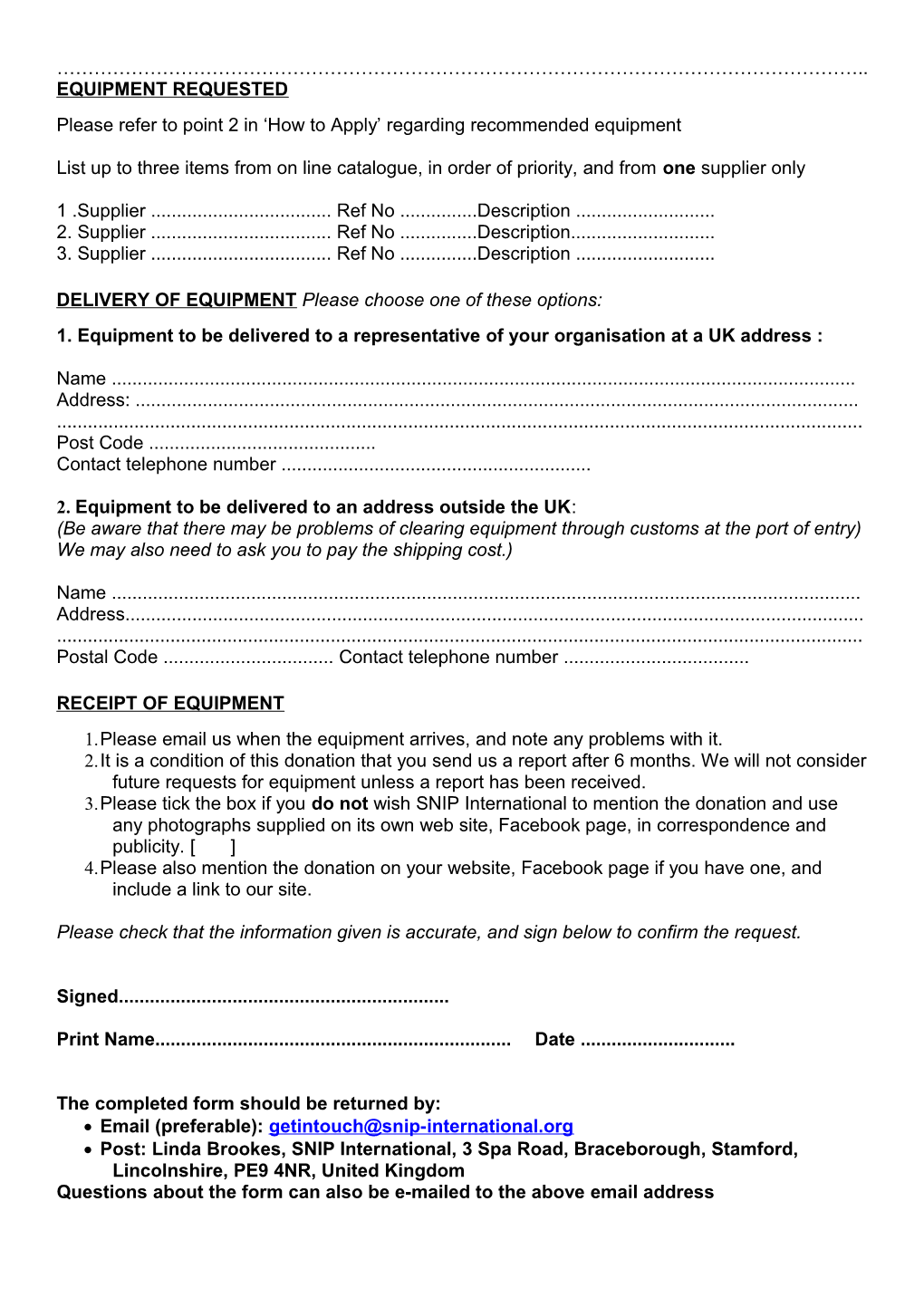 Application Form for Tnr Equipment