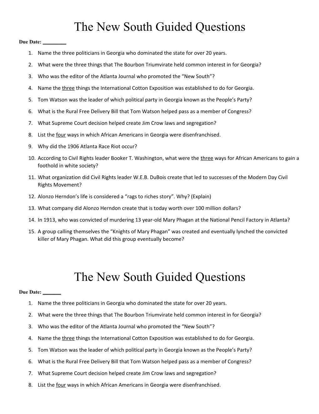 The New South Guided Questions