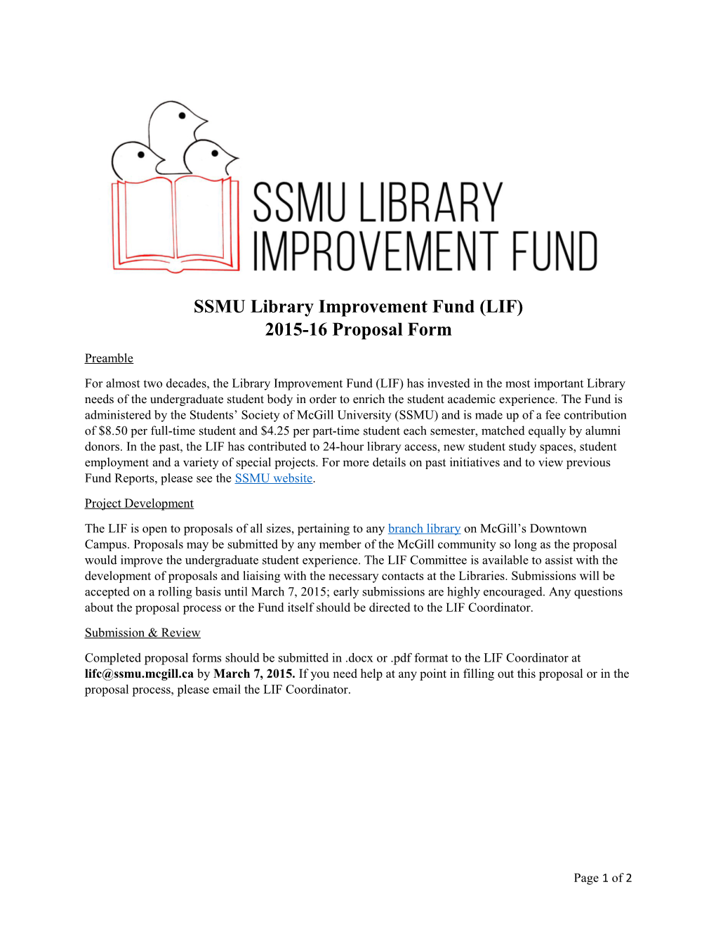 SSMU Library Improvement Fund (LIF) 2015-16 Proposal Form