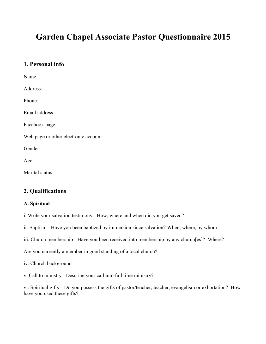 Garden Chapel Associate Pastor Questionnaire 2015
