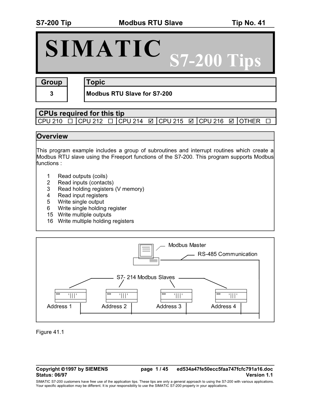 S7-200 Tipmodbus RTU Slavetip No. 41