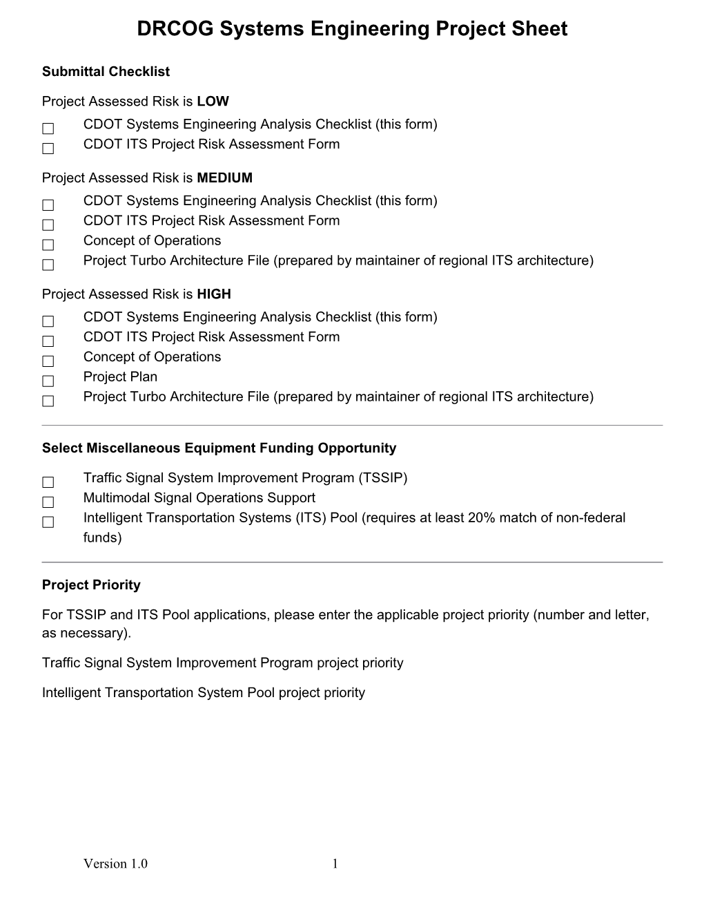 DRCOG Systems Engineering Project Sheet