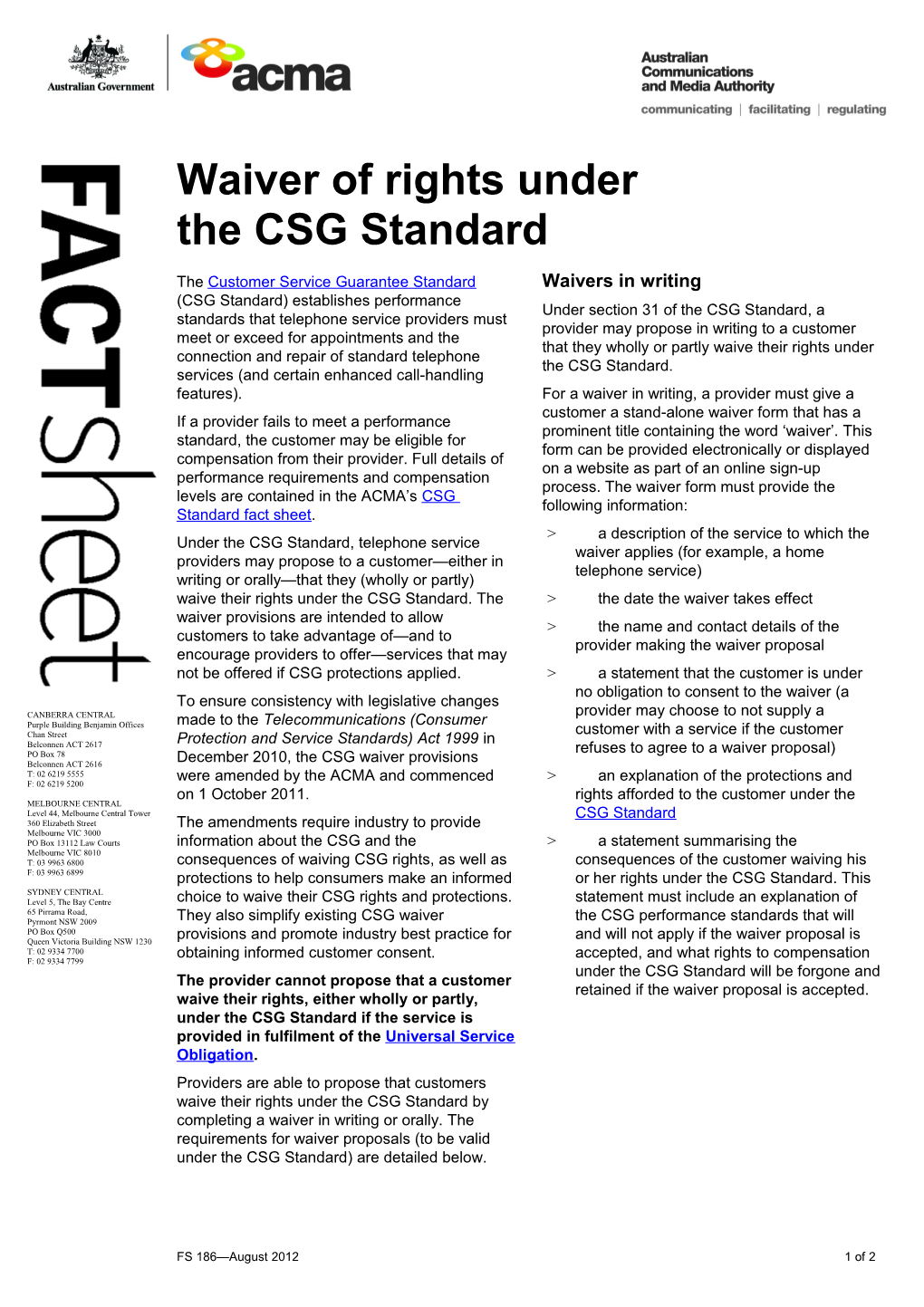 FS186 - Waiver of Rights Under the CSG Standard
