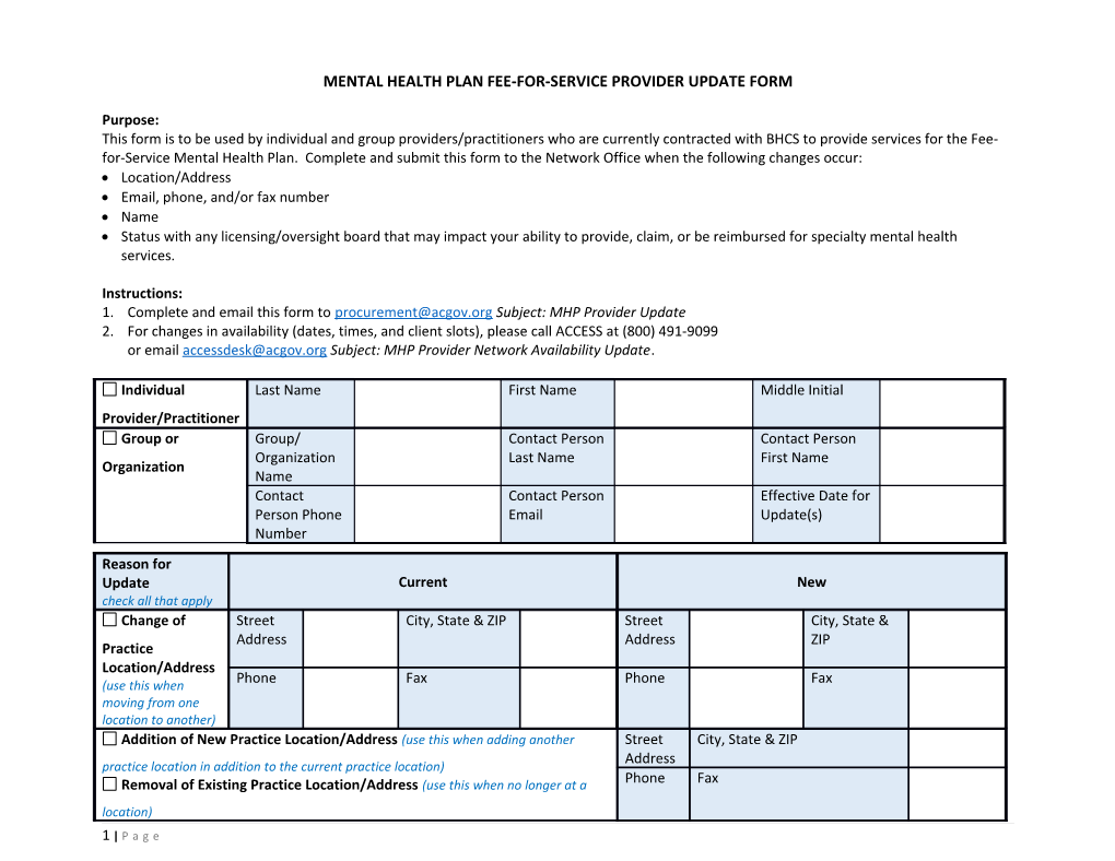 Mental Health Plan Fee-For-Service Provider Update Form
