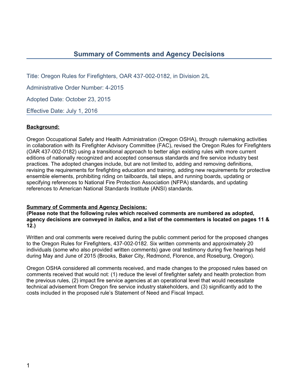 Summary of Comments and Agency Decisions Regarding Proposed Changes to Division 2 Subdivision