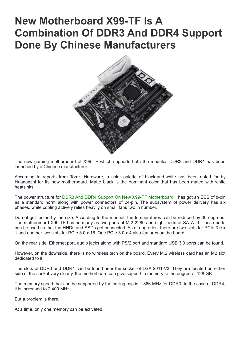 New Motherboard X99-TF Is a Combination of DDR3 and DDR4 Support Done by Chinese Manufacturers