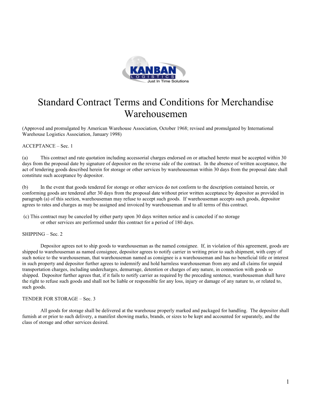 Standard Contract Terms and Conditions for Merchandise Warehousemen
