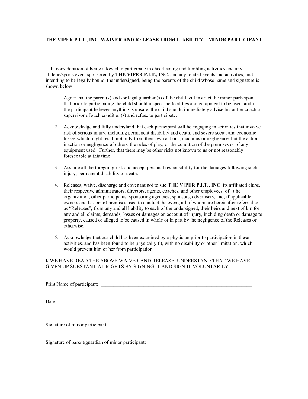 The Viper P.I.T., Inc. Waiver and Release from Liability Minor Participant