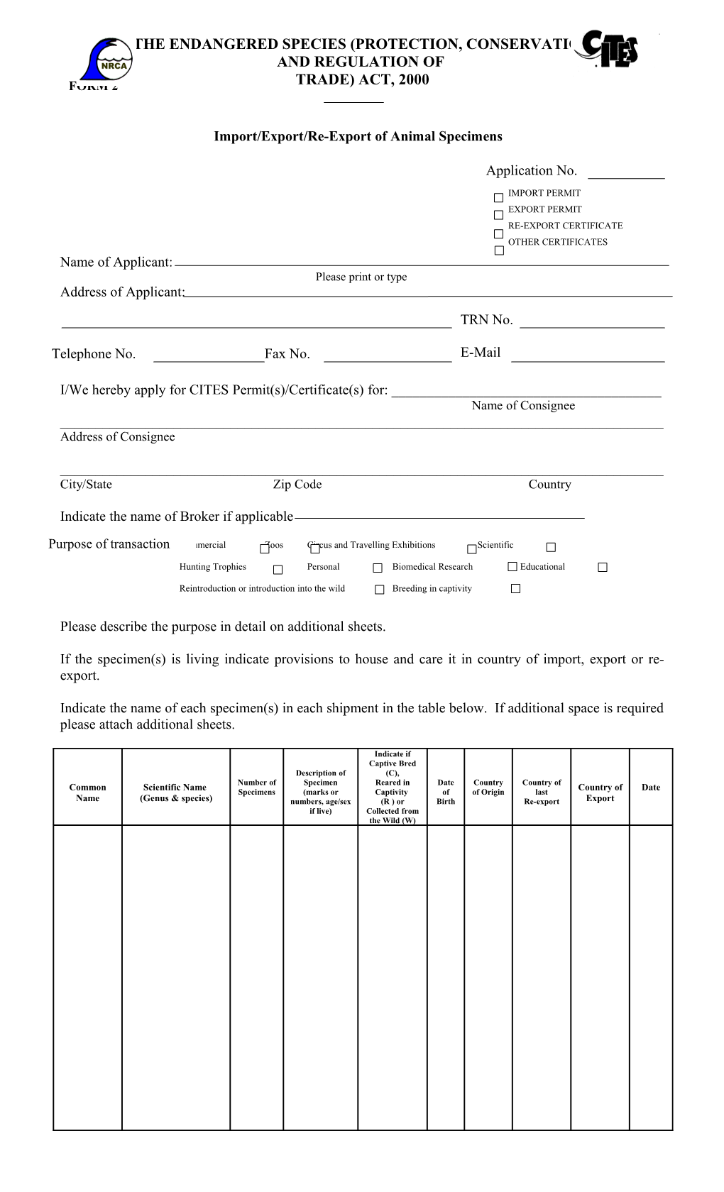 Application Form for Export Of