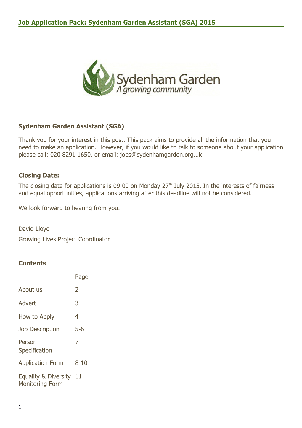 Job Application Pack: Sydenham Garden Assistant (SGA)2015