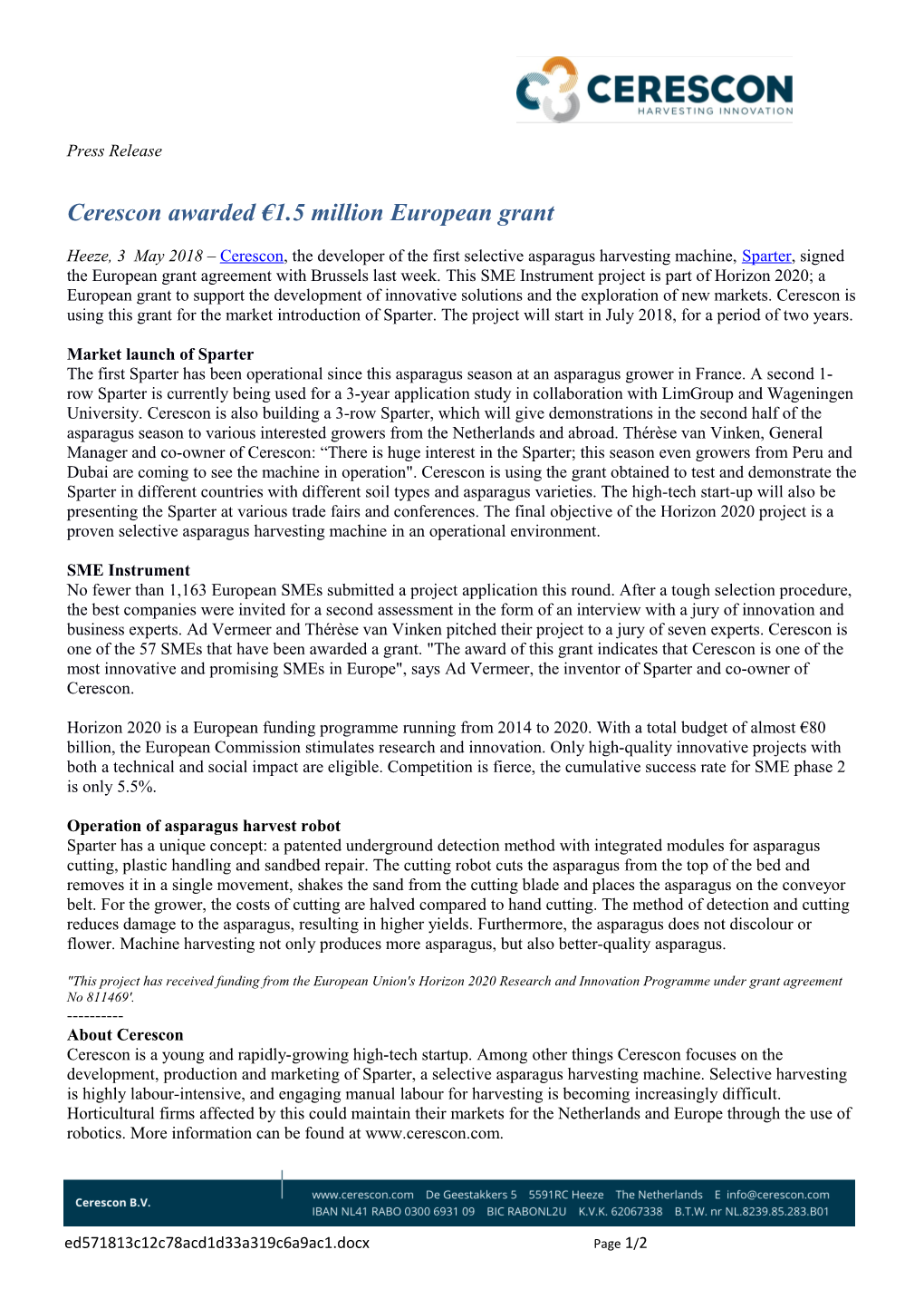 Cerescon Awarded 1.5 Million European Grant