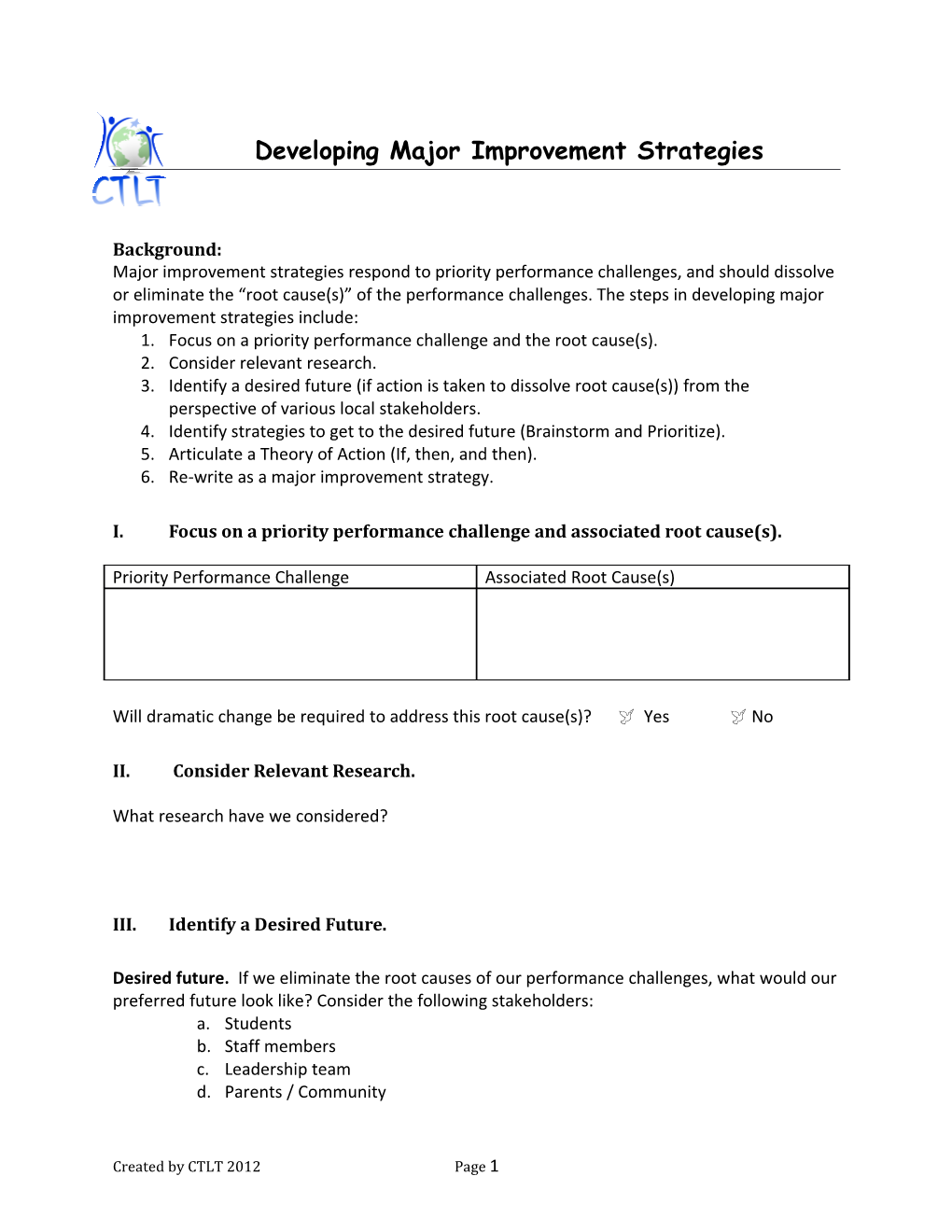 Developing Major Improvement Strategies