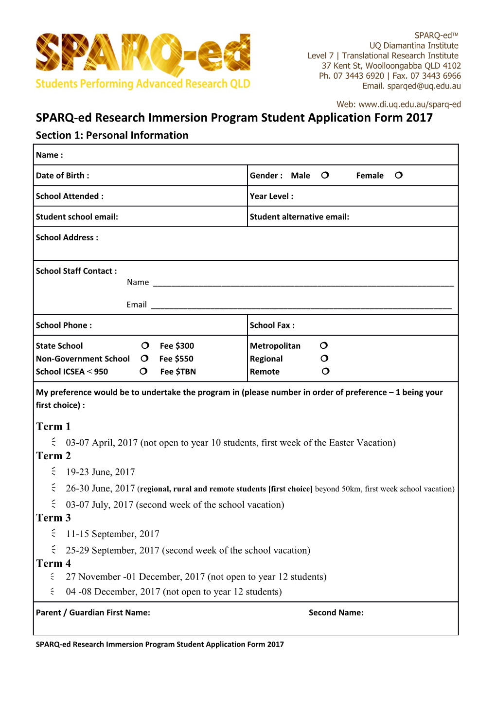 SPARQ-Ed Research Immersion Program Student Application Form2017