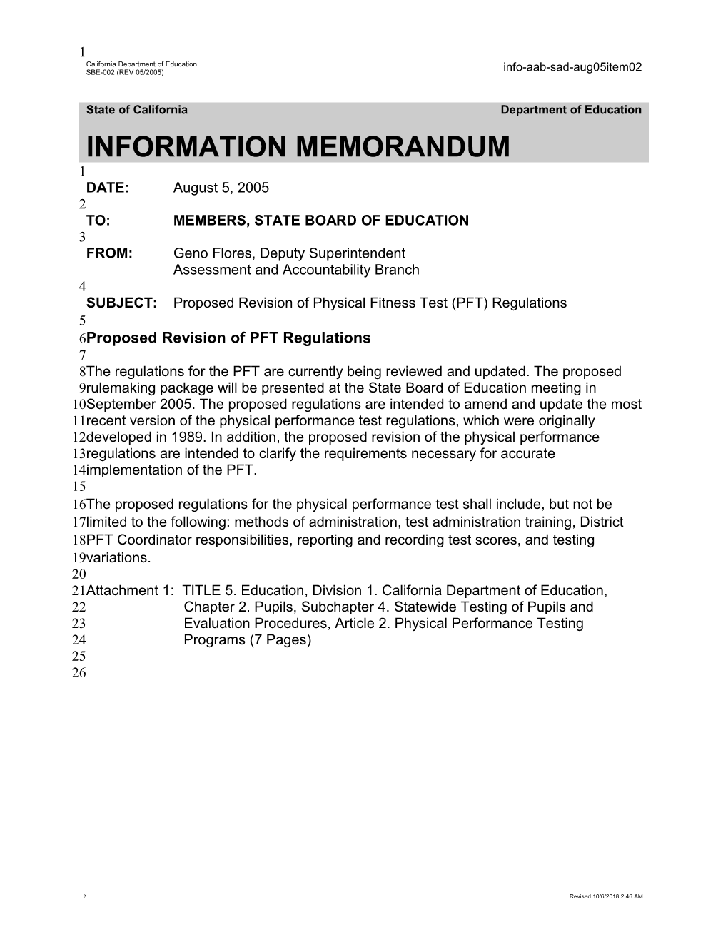 August 2005 Agenda Item 2 - Information Memorandum (CA State Board of Education)