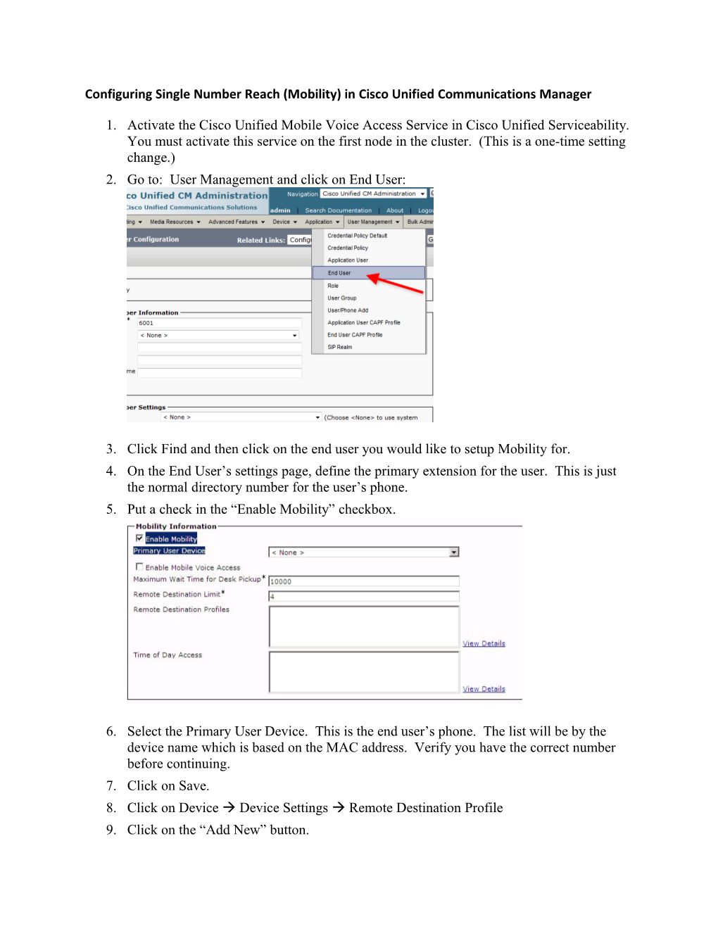 Configuring Single Number Reach (Mobility) in Cisco Unified Communications Manager