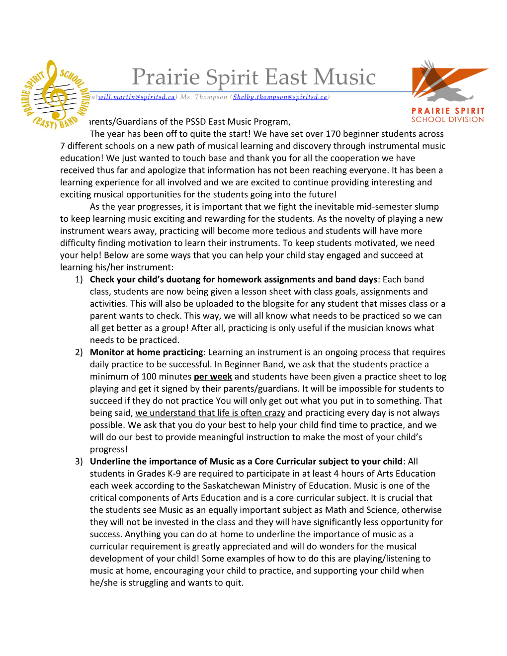 Dear Parents/Guardians of the PSSD East Music Program