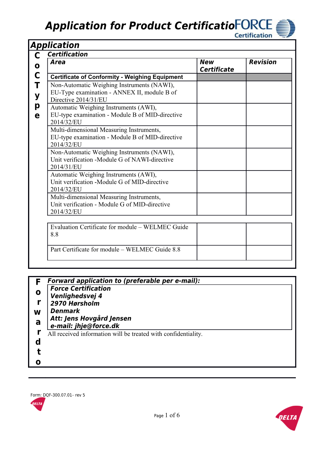 Application for Product Certification