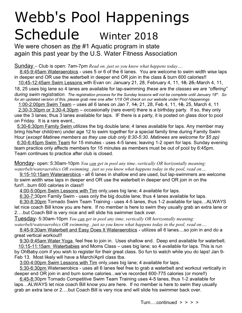Webb's Pool Happenings Schedule Winter 2018 We Werechosen As the #1 Aquatic Program In