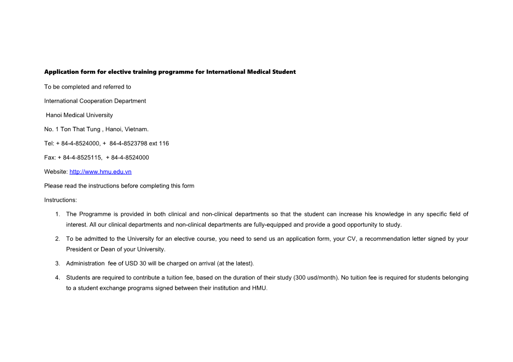 Application Form for Elective Training Programme for International Medical Student