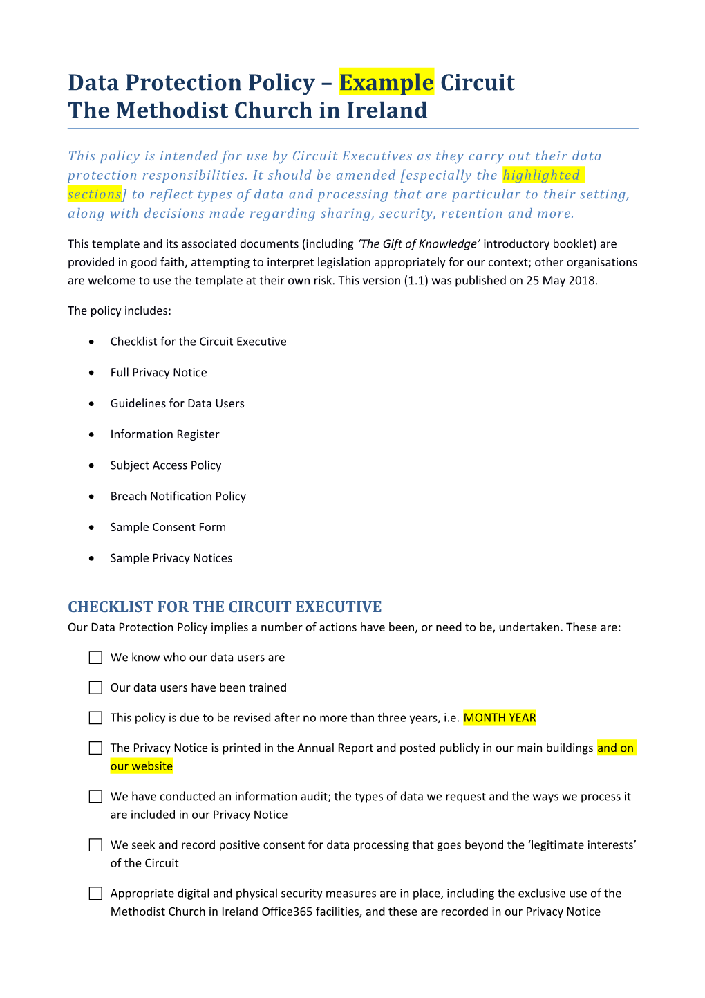 Data Protection Policy Example Circuit the Methodist Church in Ireland