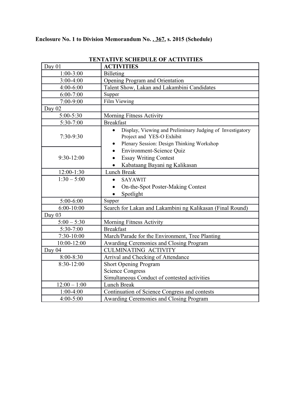 Enclosureno. 1 to Division Memorandum No. . 367, S. 2015 (Schedule)