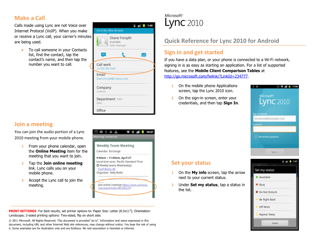 Microsoft Lync 2010 for Android Quick Reference Card