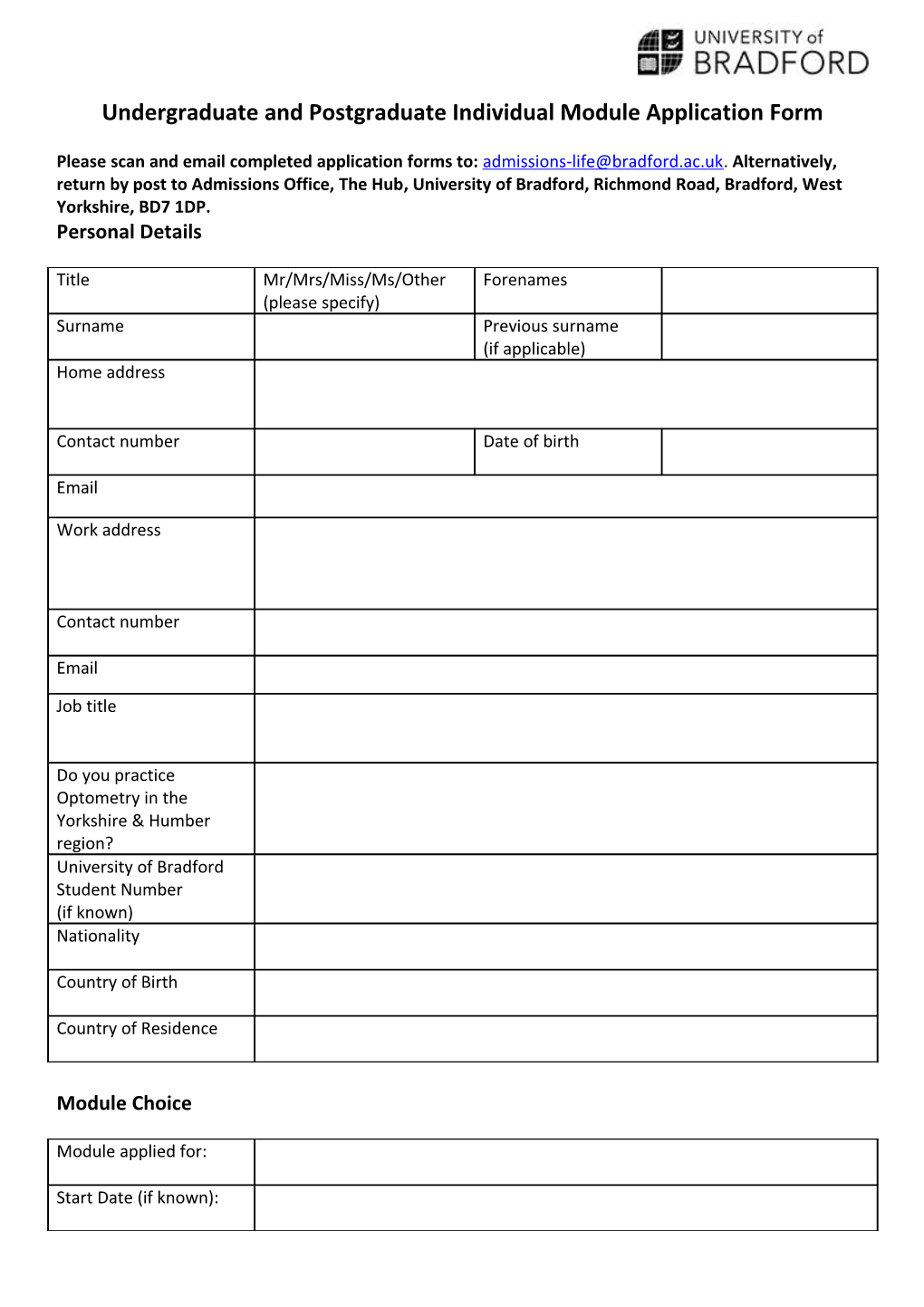 Undergraduate and Postgraduate Individual Module Application Form