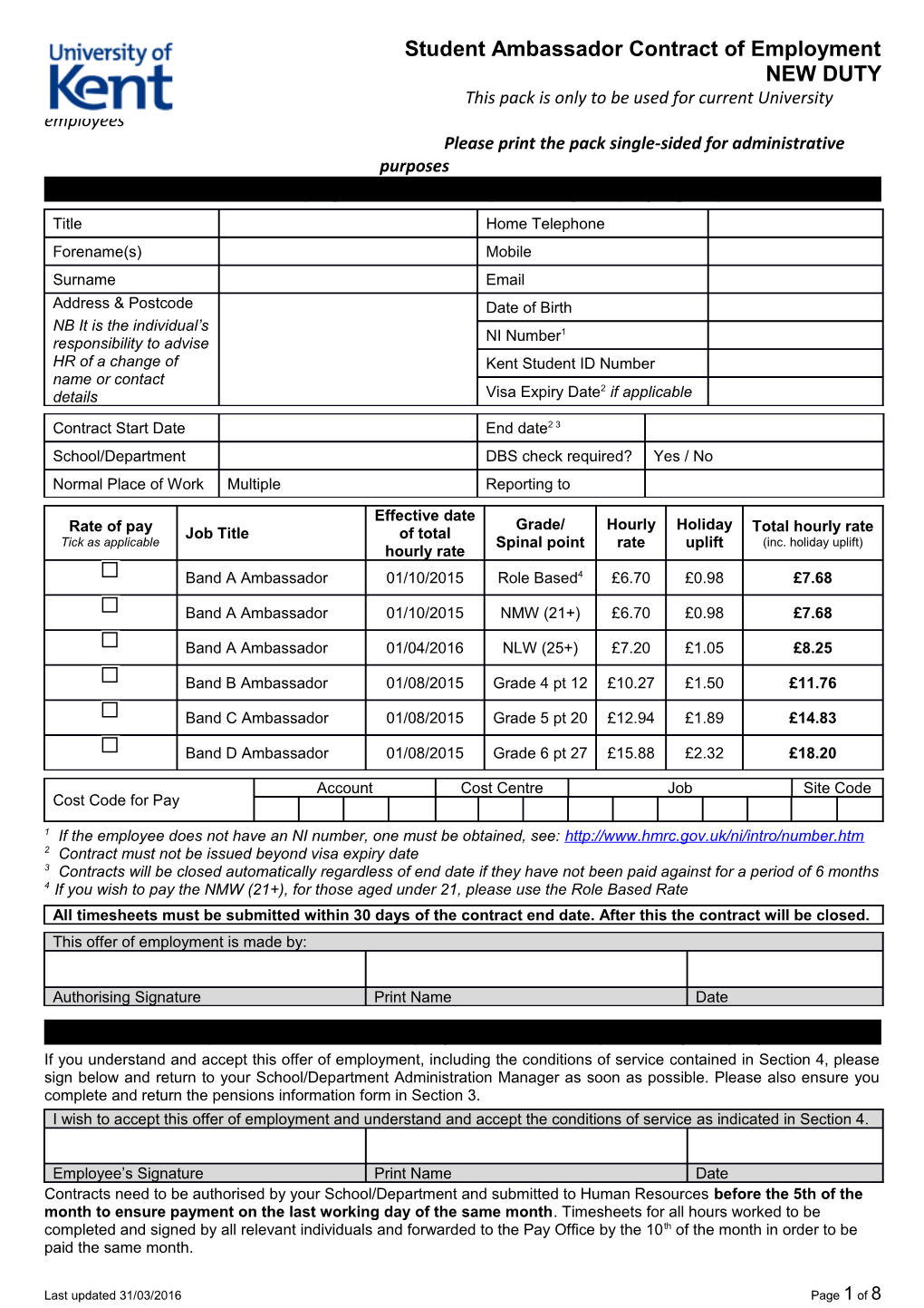 Section 1 Contract of Employment for Completion by Employing Dept