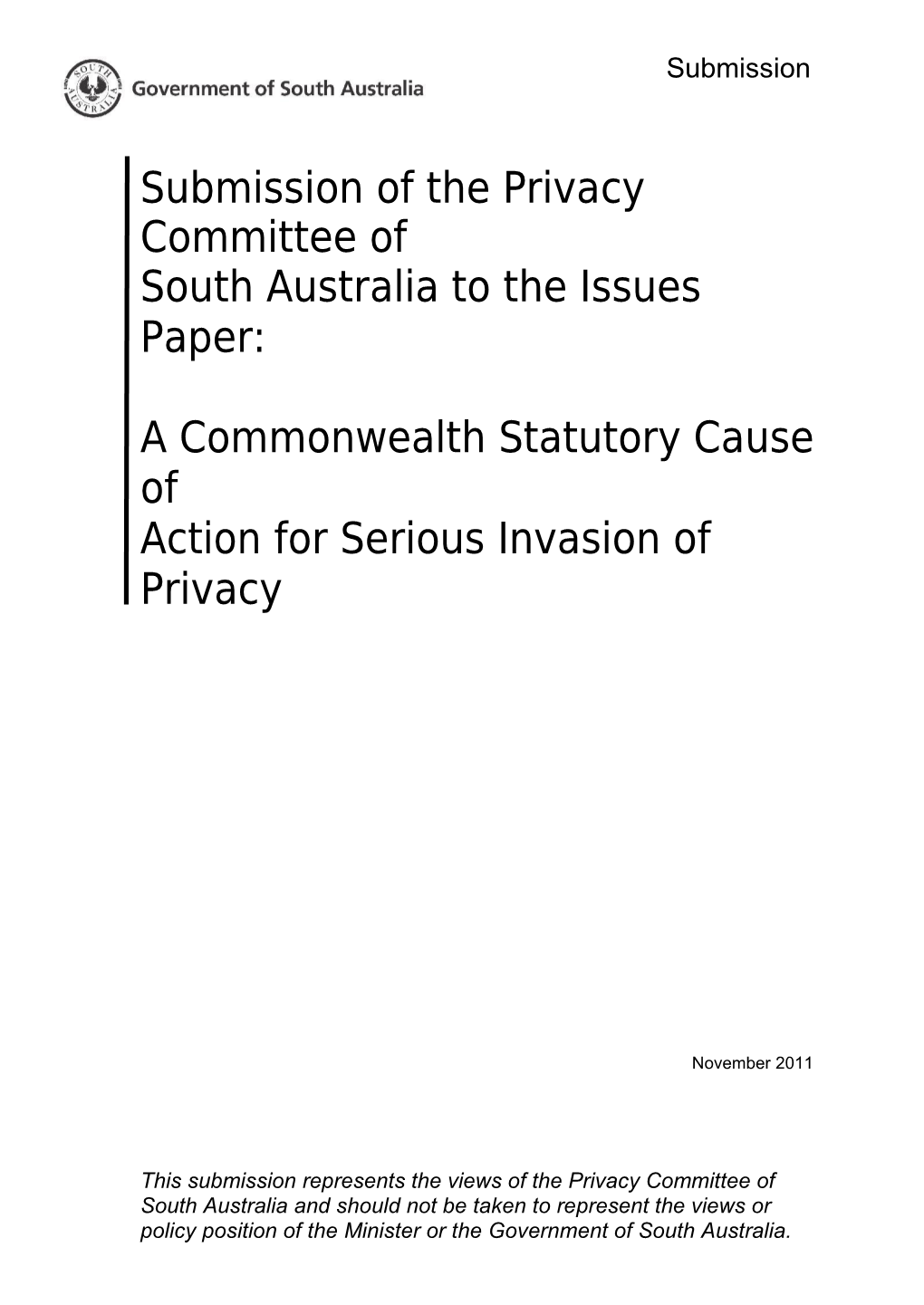 Submission - Right to Sue for Serious Invasion of Personal Privacy - Privacy Committee of SA