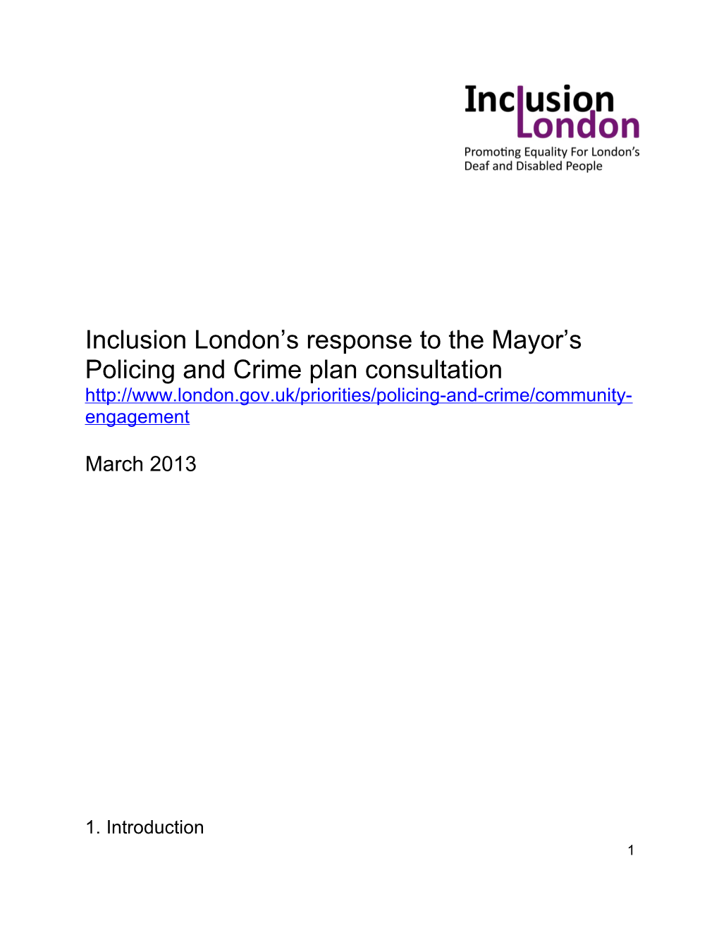 Inclusion London S Response to the Mayor S Policing and Crime Plan Consultation