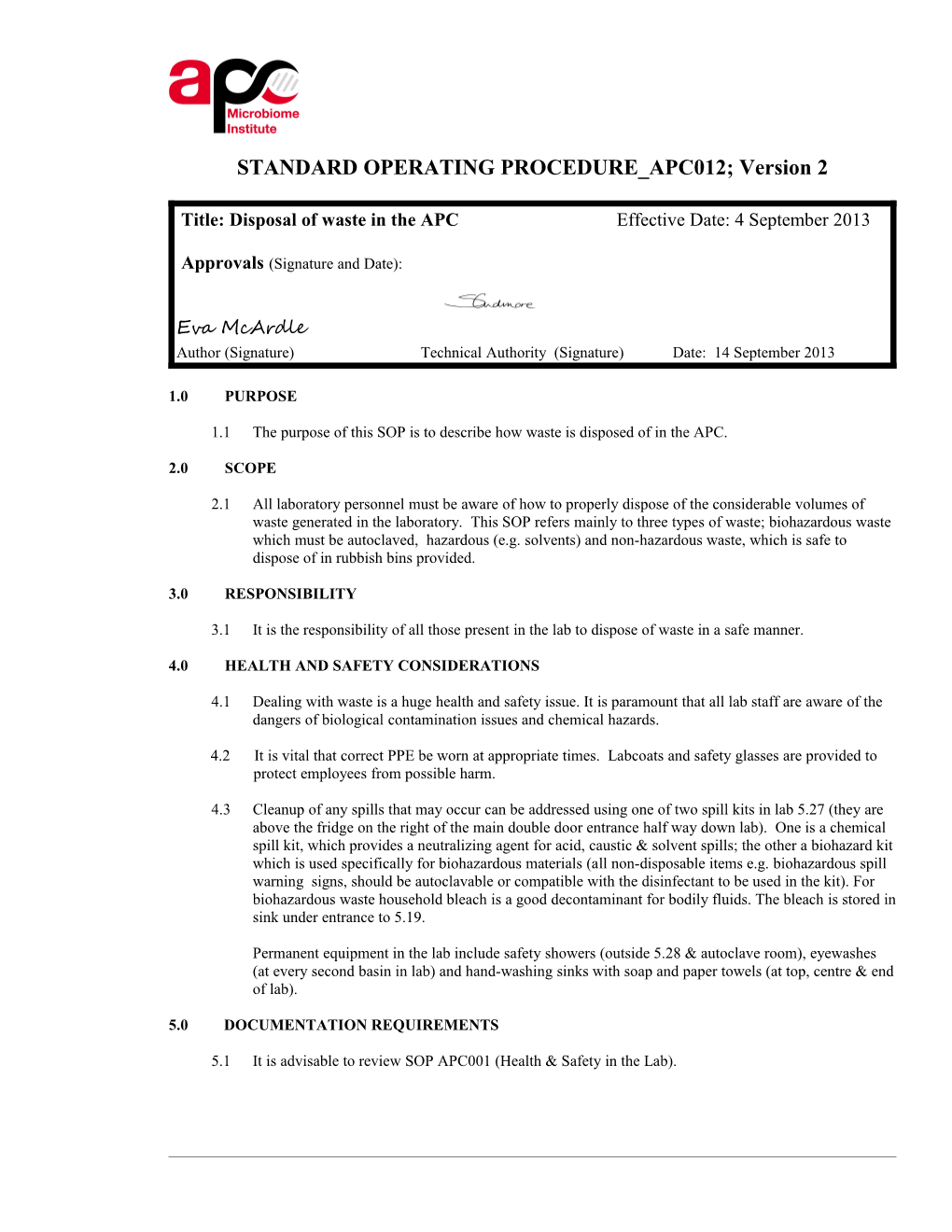 STANDARD OPERATING PROCEDURE APC012; Version 2