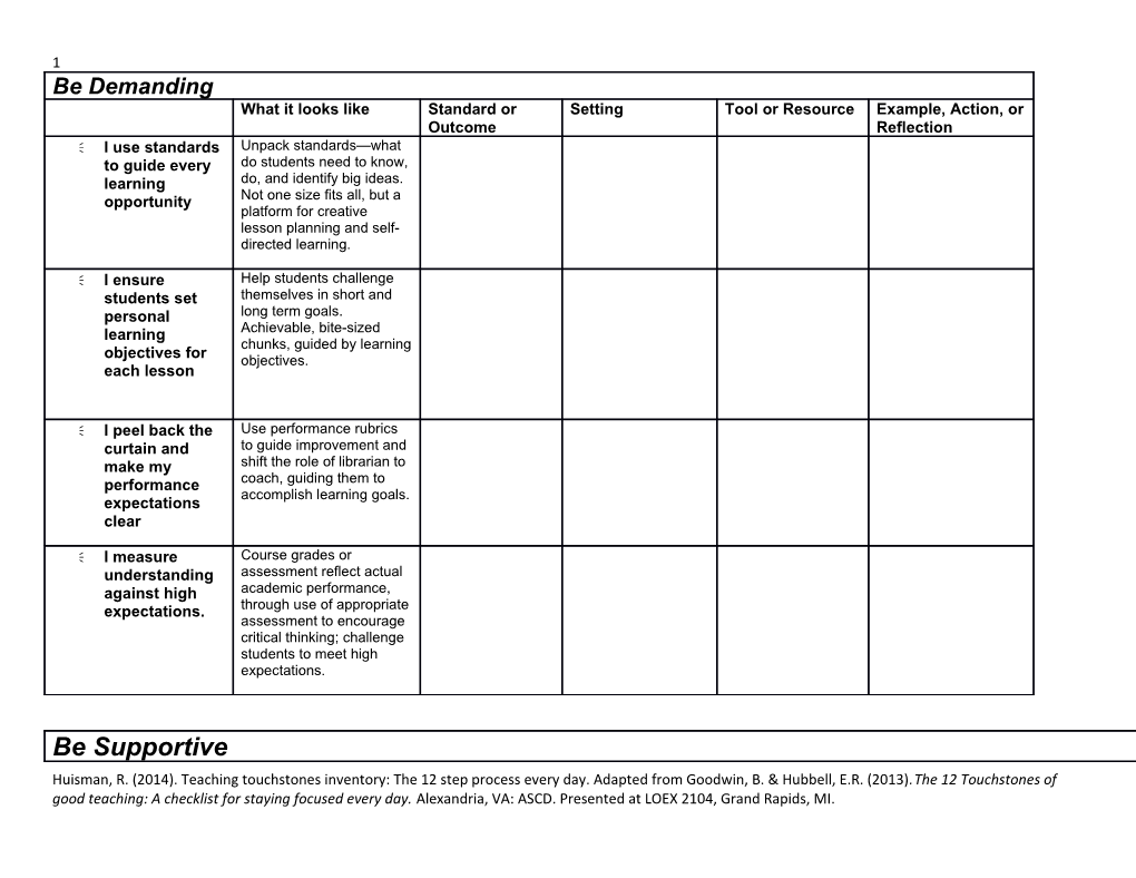 Huisman, R. (2014). Teaching Touchstones Inventory: the 12 Step Process Every Day. Adapted