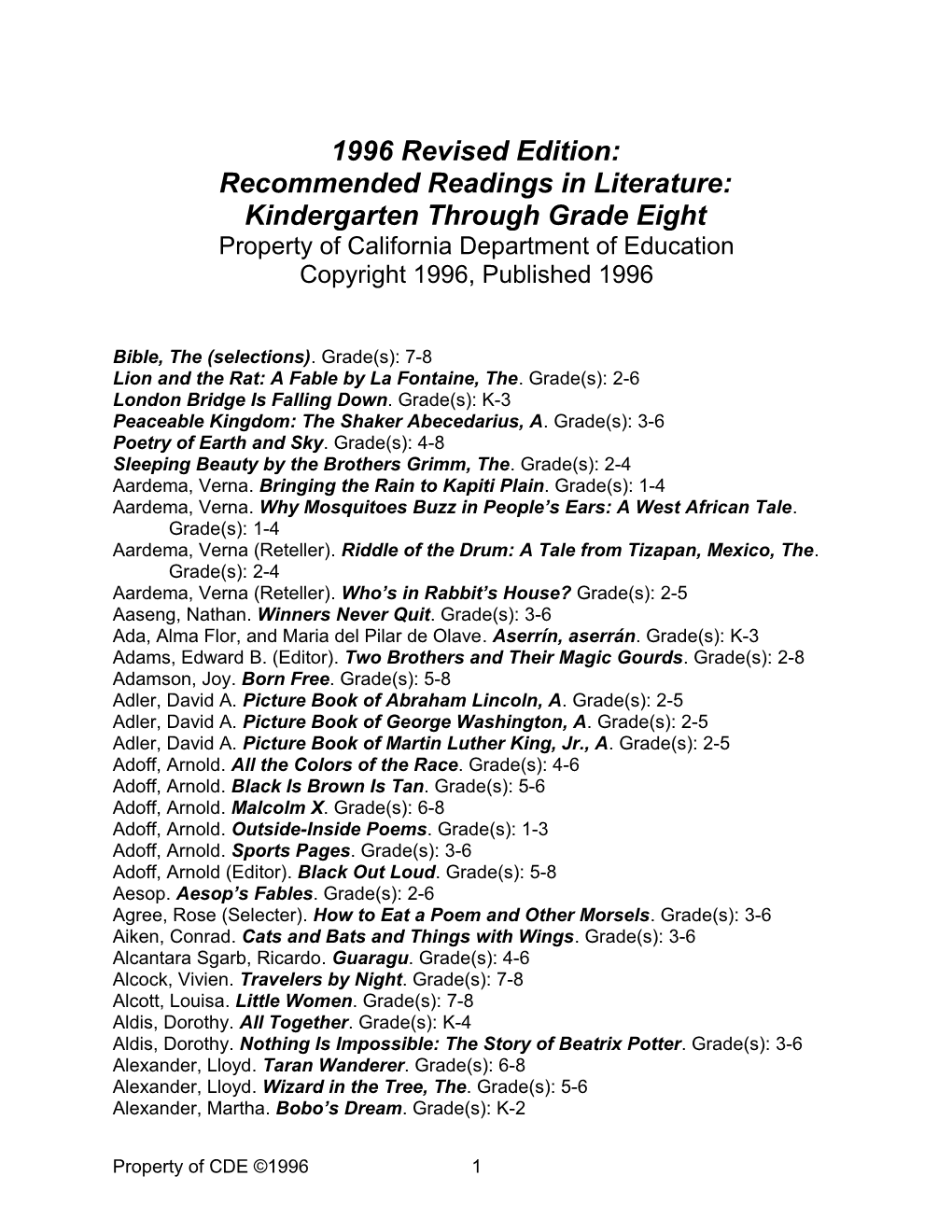 List4: Revised Rec Reading - Recommended Literature (CA Dept of Education)