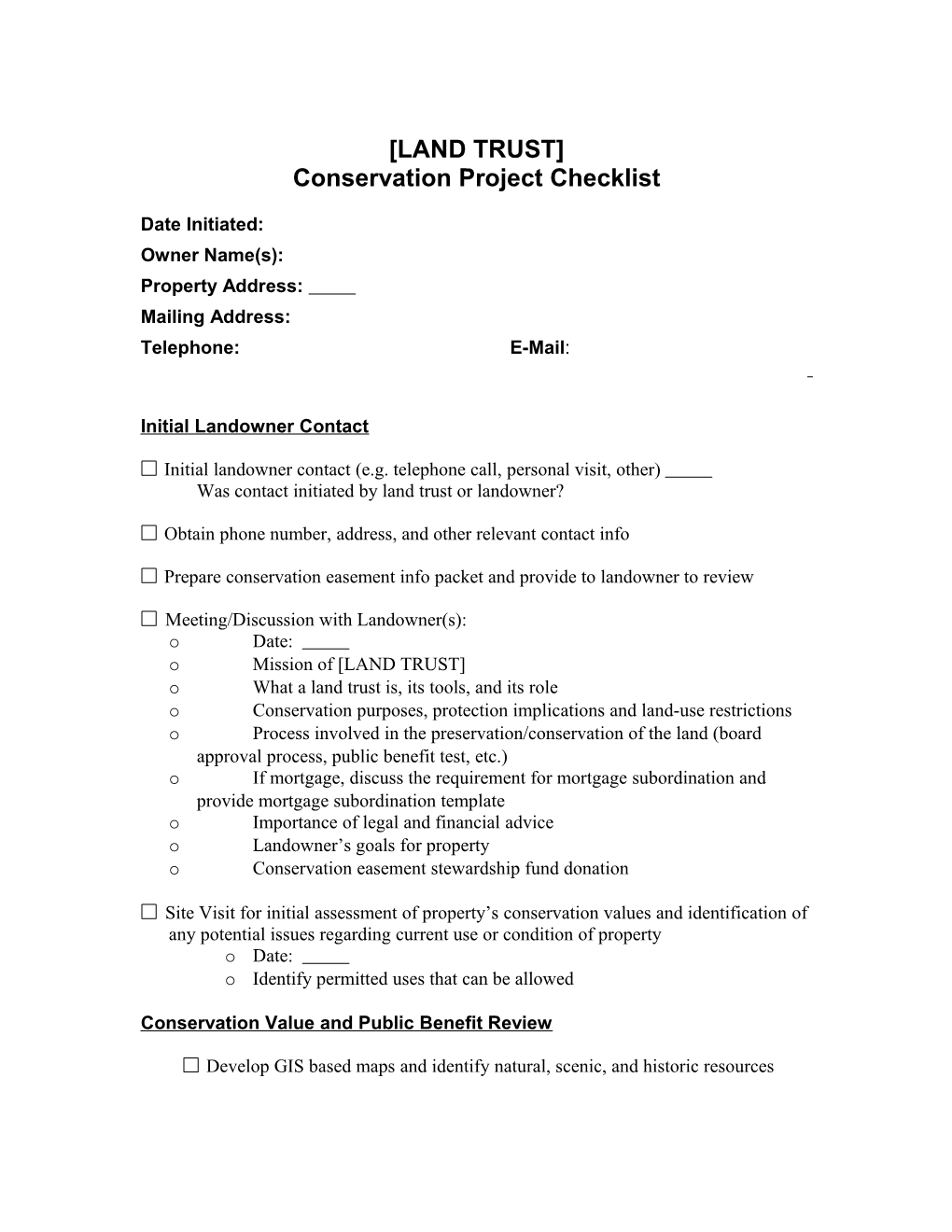 Conservation Project Checklist