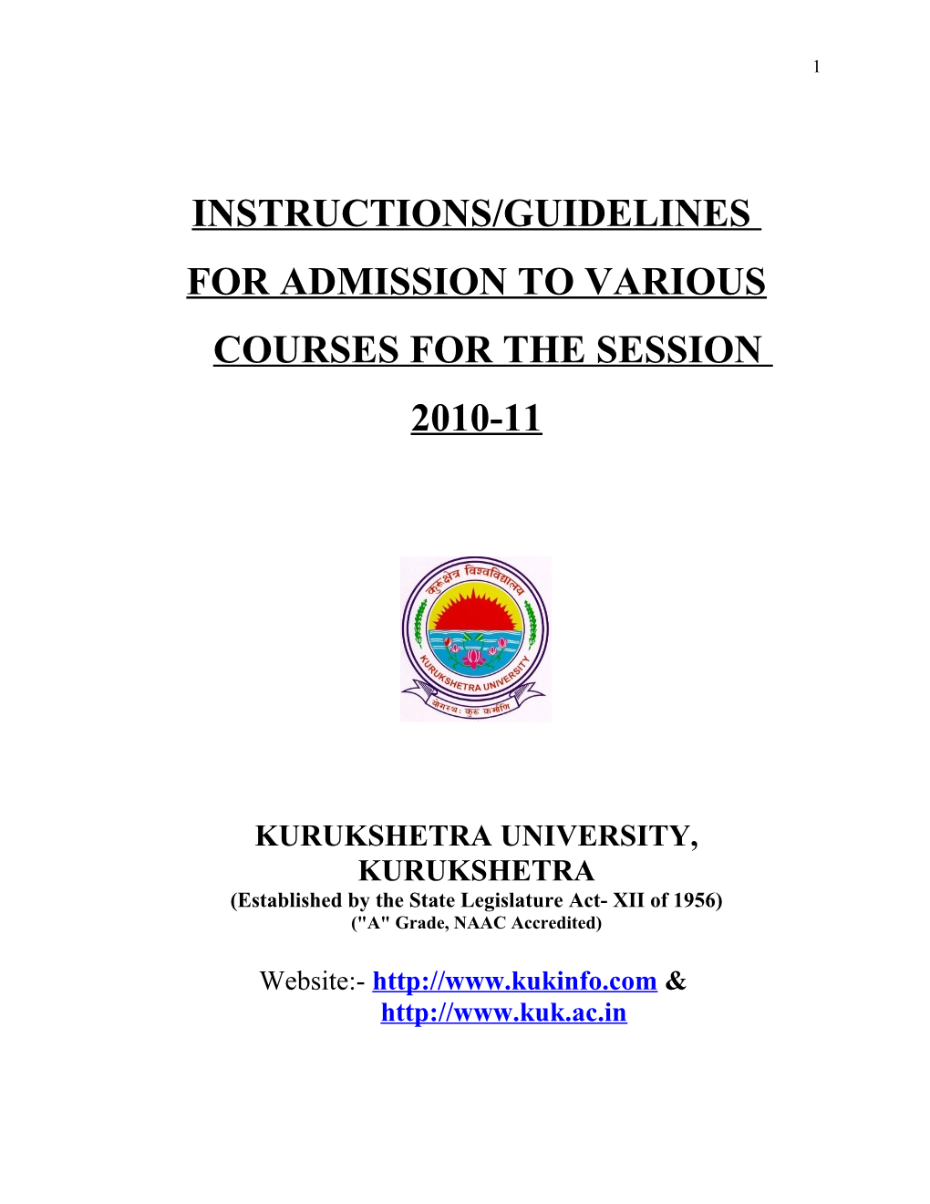For Admission to Various Courses for the Session