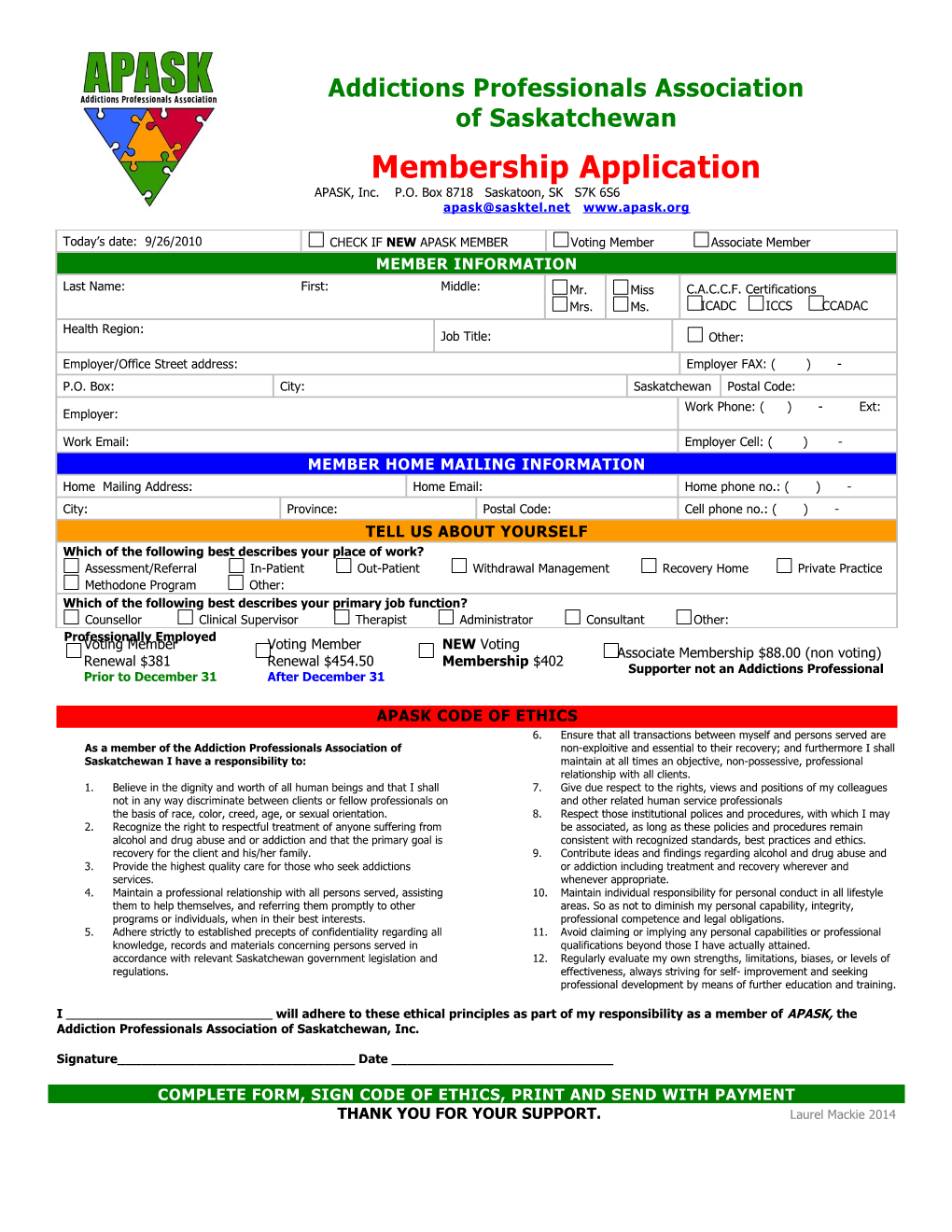 APASK Membership Form with Ethics
