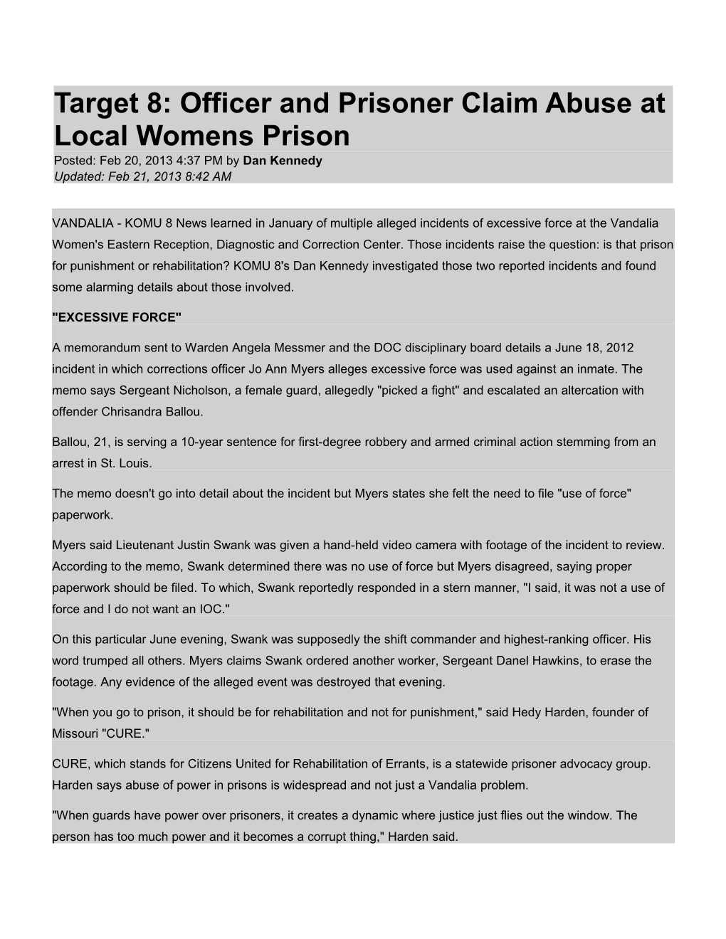 Target 8: Officer and Prisoner Claim Abuse at Local Womens Prison