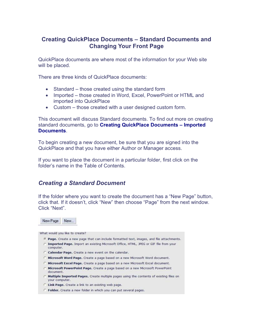Creating Quickplace Documents Standard Documents and Changing Your Front Page