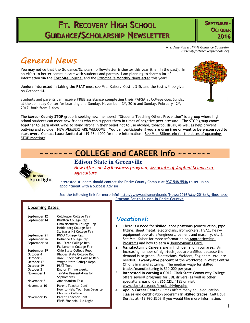 FT. Recovery High School Guidance/Scholarship Newsletter