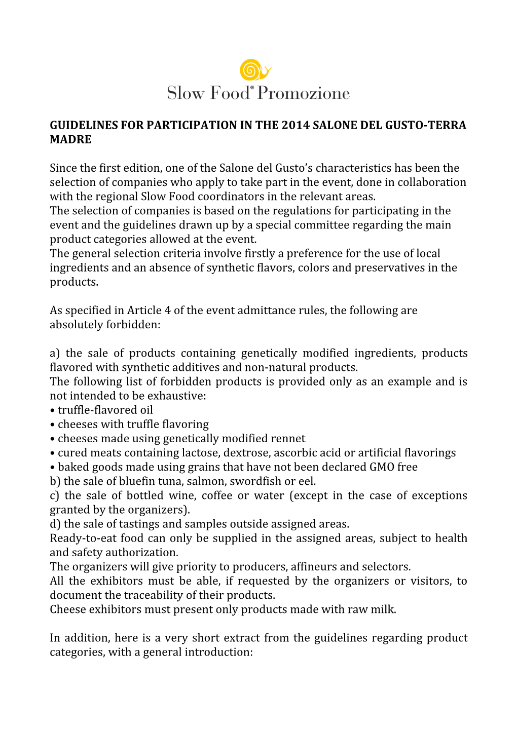 Guidelines for Participation in the 2014 Salone Del Gusto-Terra Madre