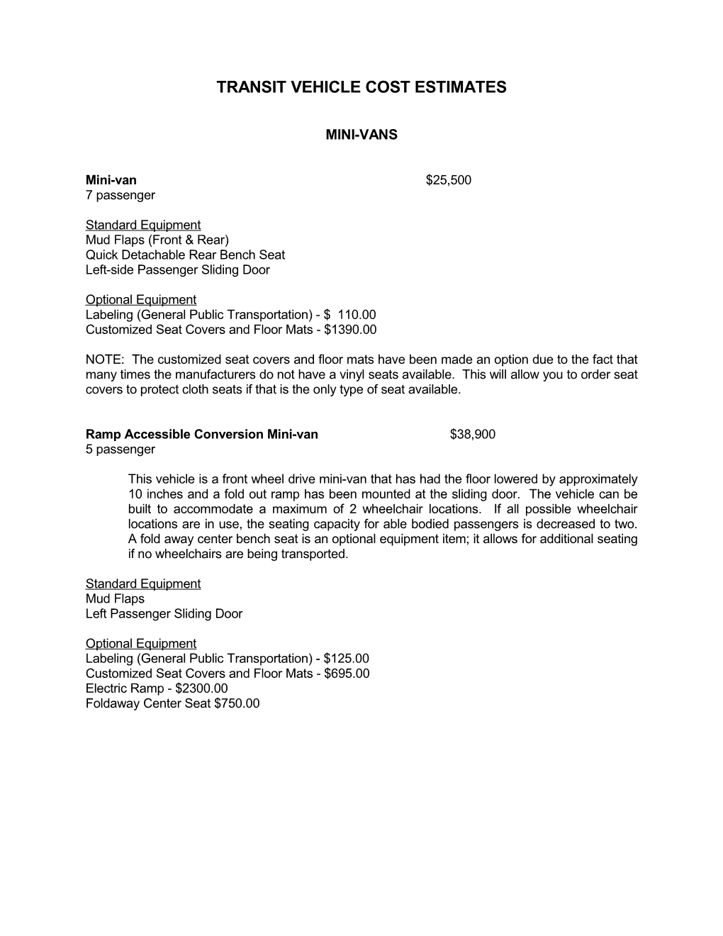 Transit Vehicle Cost Estimates