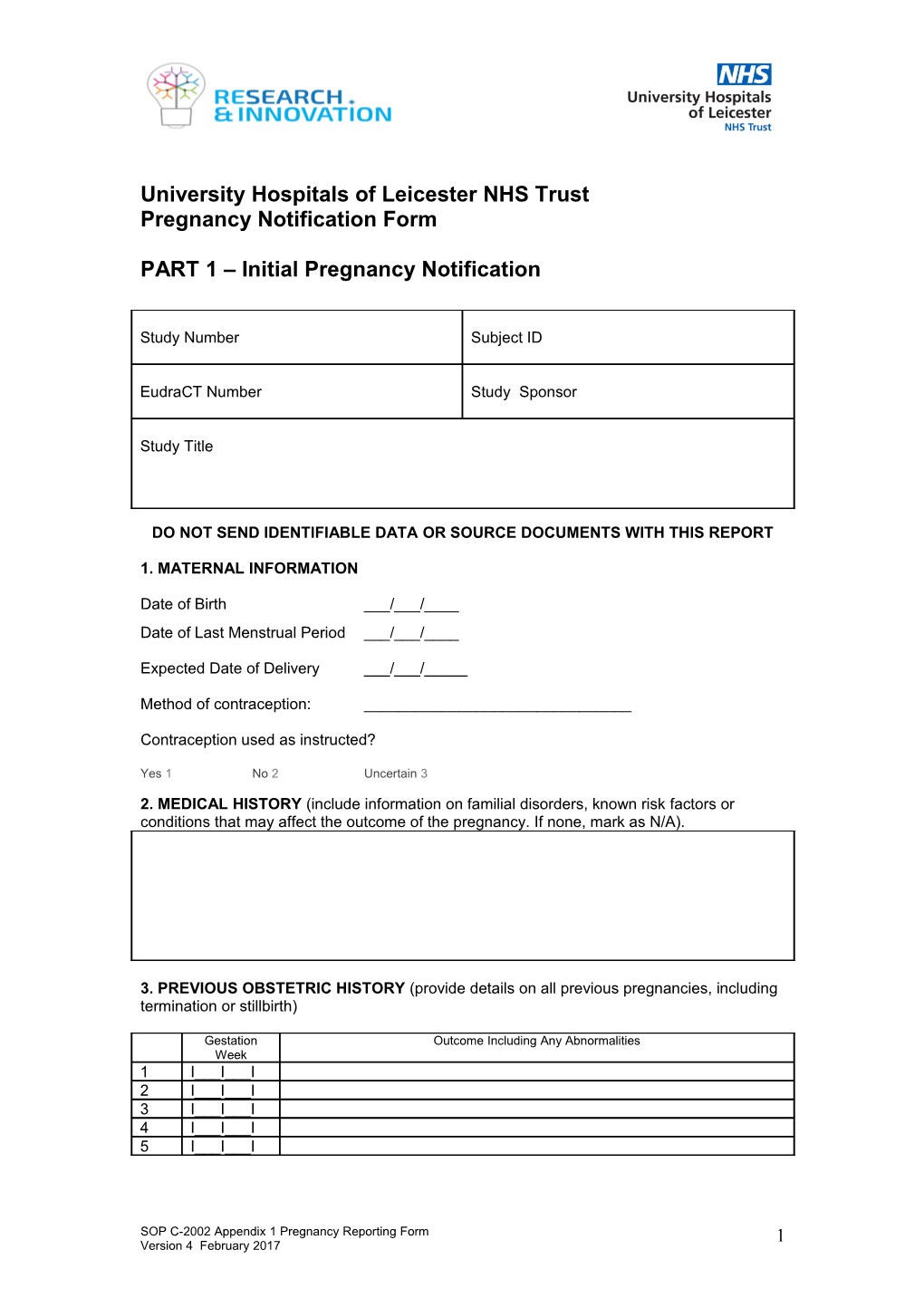 University Hospitals of Leicester NHS Trust-Pregnancy Notification Form