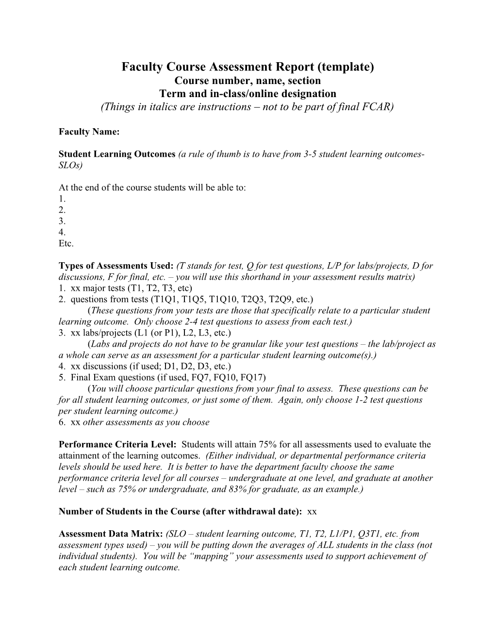 Faculty Course Assessment Report (Template)