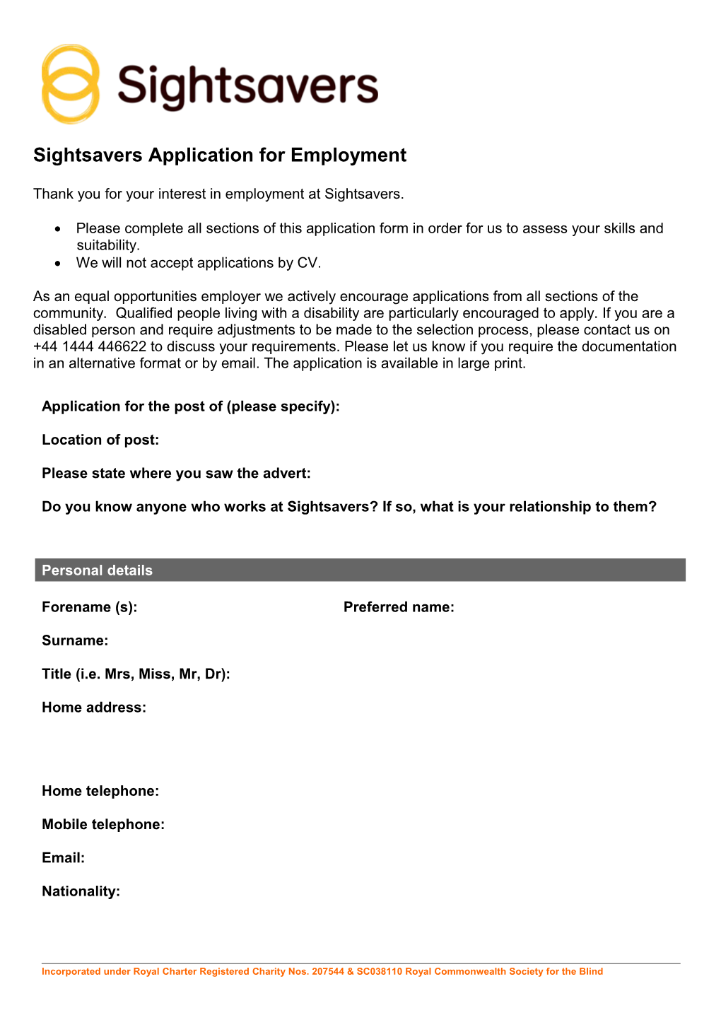 Sightsavers Application for Employment