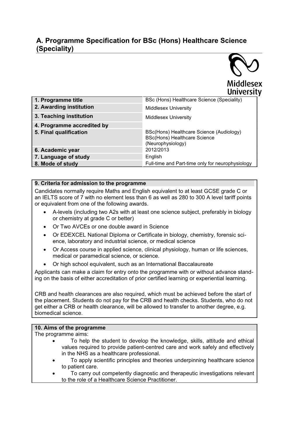 A. Programme Specification for Bsc (Hons) Healthcare Science (Speciality)