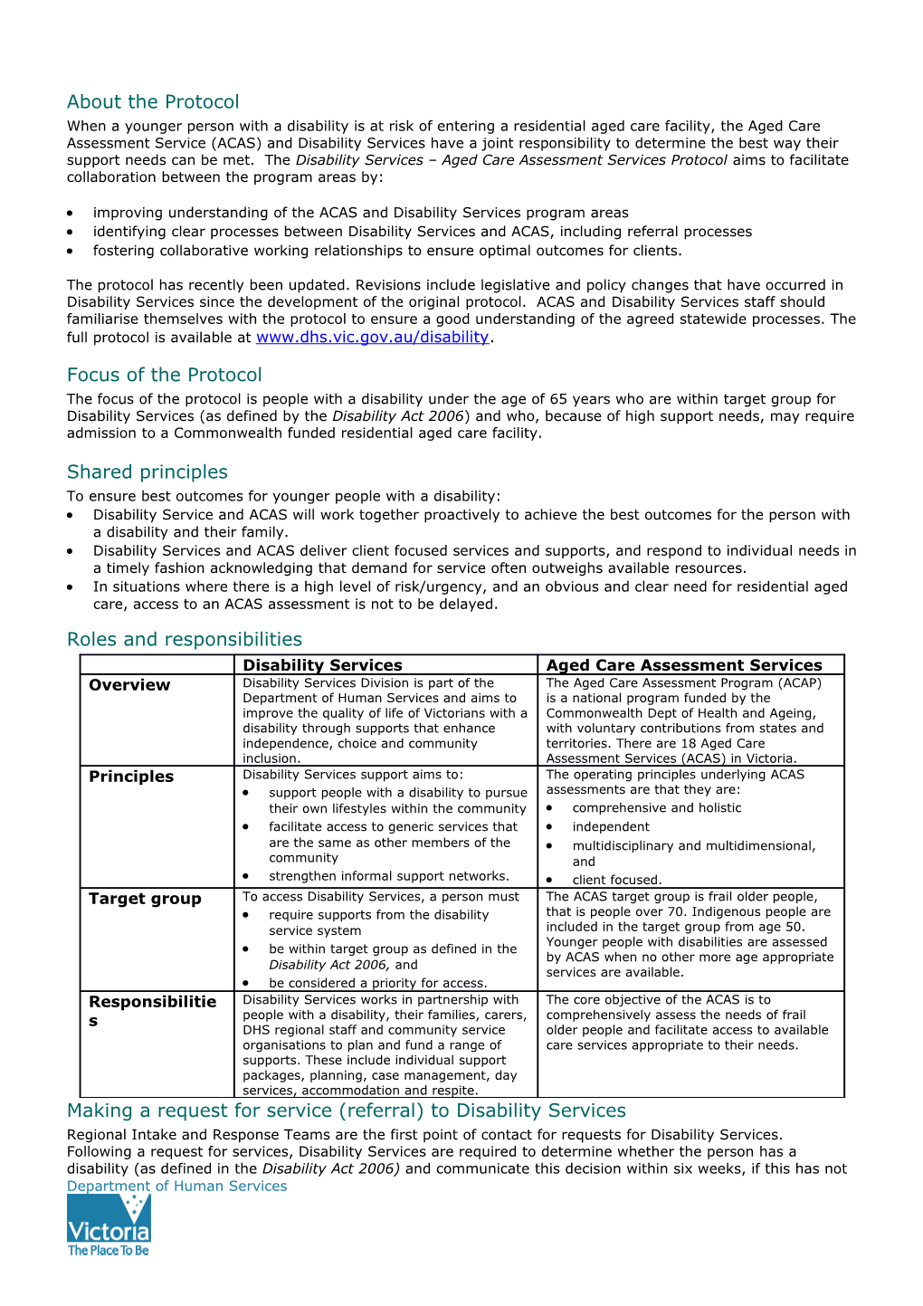 Disability Services Aged Care Assessment Services Protocol: an Overview