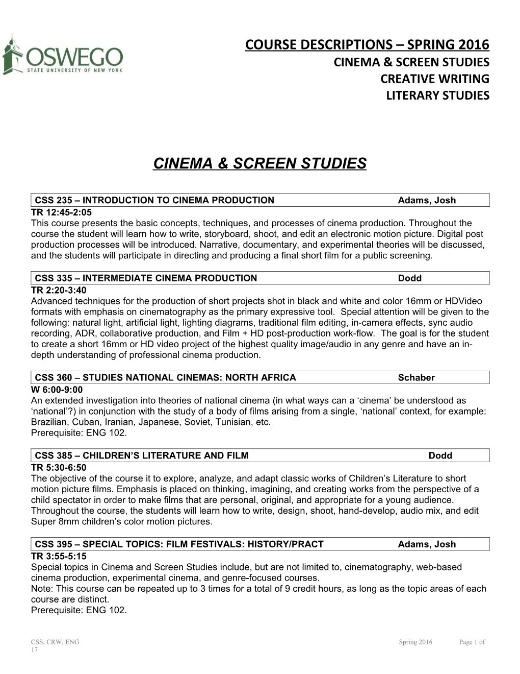 Course Descriptions - Fall 2001 Department of English